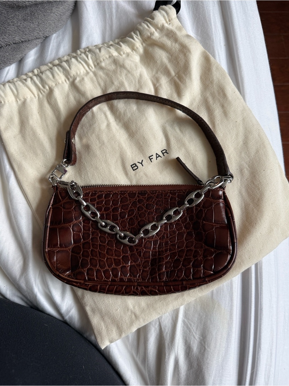 BY FAR Brown Croc-Texture Mini Wristlet with Chain Strap